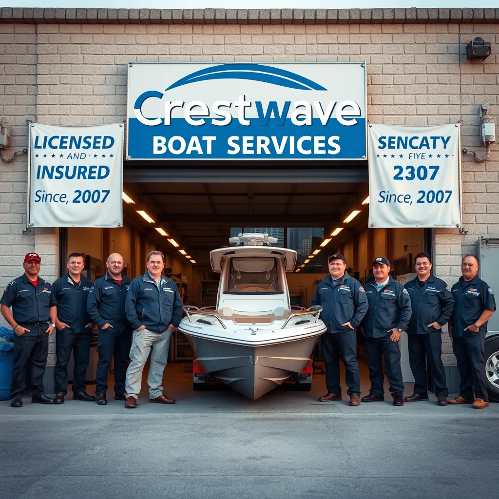A proud team of boat repair technicians standing outside the Crestwave Boat Services facility, with banners indicating 'Licensed and Insured' and 'Since 2007'. The setting should be inviting, showcasing the Chicago skyline in the background.