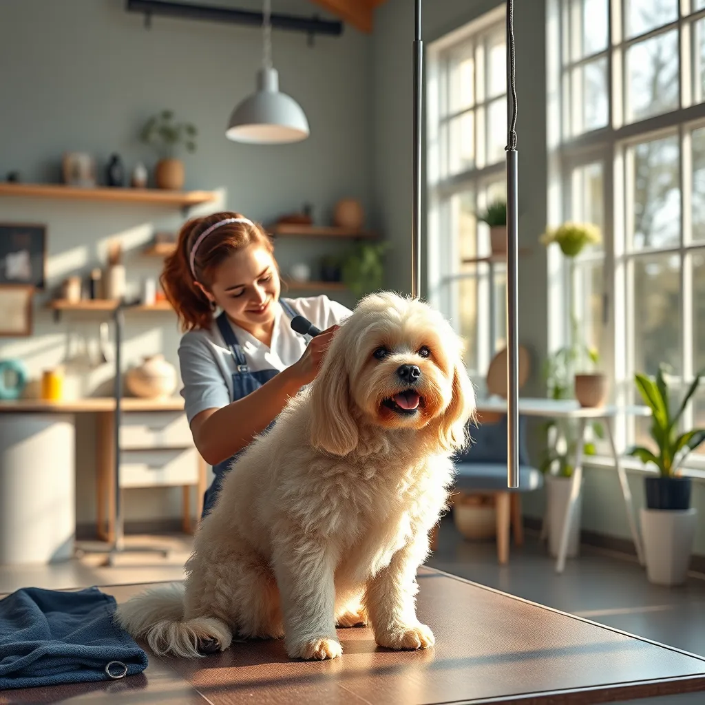 A serene, vibrant dog grooming salon with a gentle groomer caring for a fluffy dog. The setting should include high-quality grooming tools, calming decor, and natural light filtering through large windows, creating an inviting atmosphere.