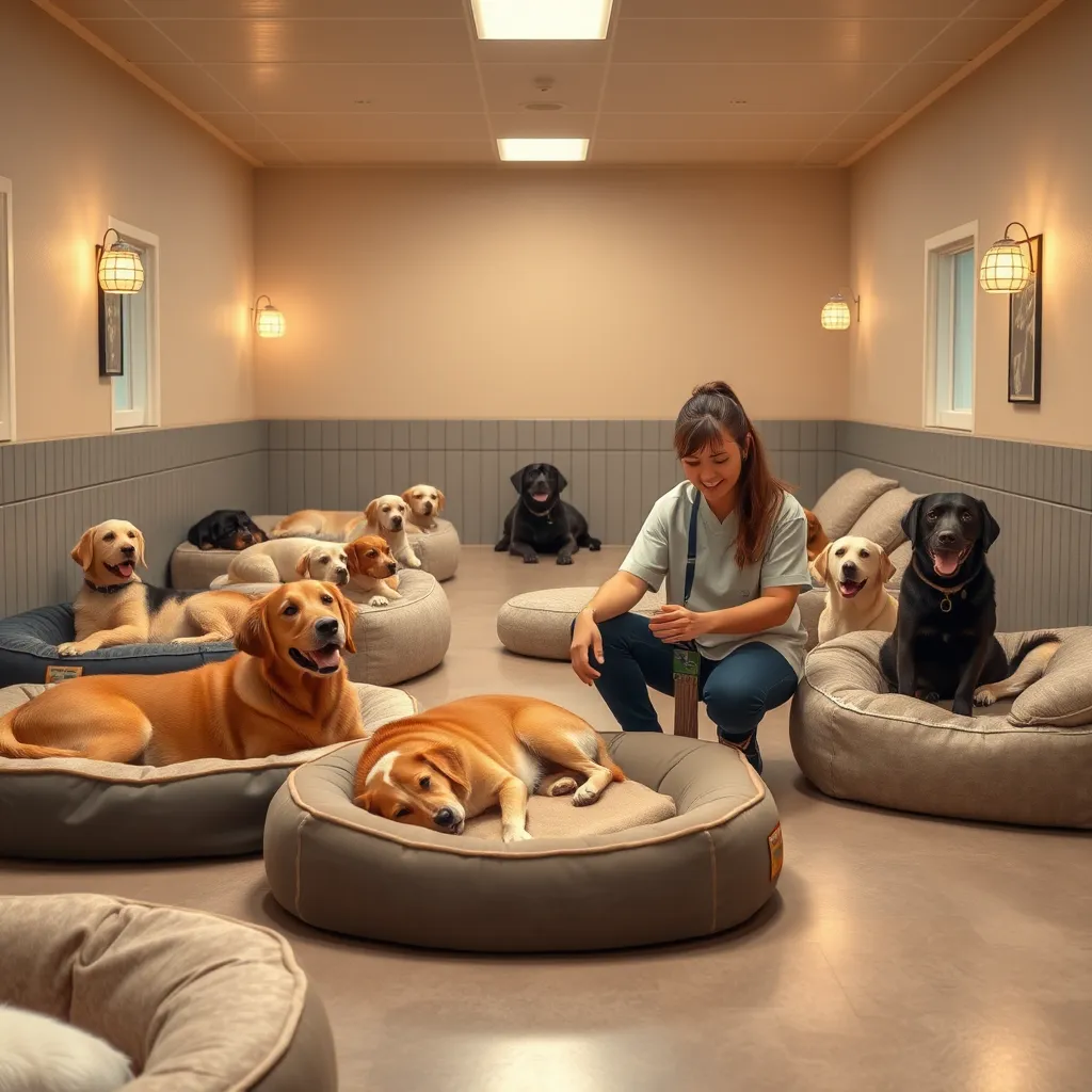 A serene boarding area with several comfortable dog beds, happy dogs lounging around in a cozy, safe environment. Soft lighting and warm colors create a calm atmosphere. A friendly staff member is gently interacting with a dog, ensuring comfort and care.