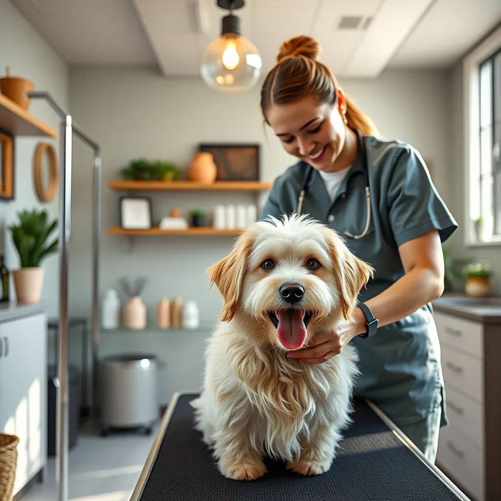 A serene dog grooming facility in Chicago with a friendly groomer gently attending to a happy dog, surrounded by calming decor and natural light. Emphasize the comforting atmosphere and the dog's joyful demeanor.