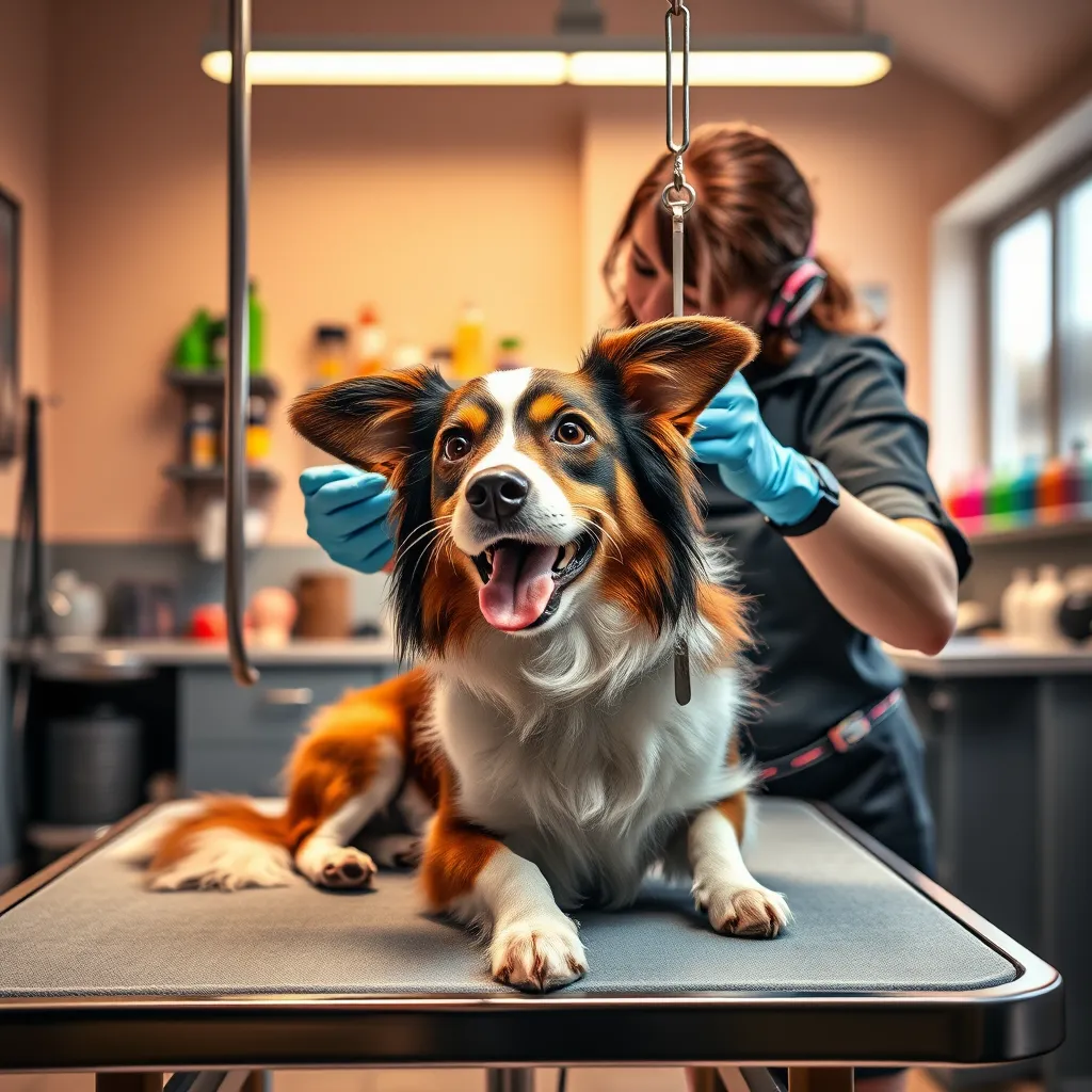 A serene dog grooming room, featuring a professional groomer gently cleaning a dog's ears with high-quality tools. The space should have soft lighting and colorful grooming products neatly arranged, with a happy dog looking relaxed on the grooming table.