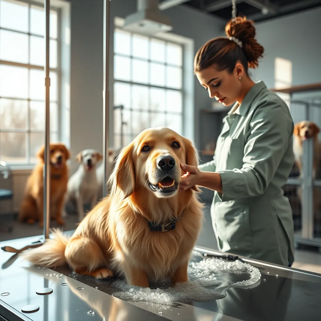 A serene dog grooming salon featuring a professional groomer gently washing a golden retriever, bright grooming tools in the background, natural light streaming in through large windows, and happy dogs in cages waiting for their turn, creating a comforting atmosphere.