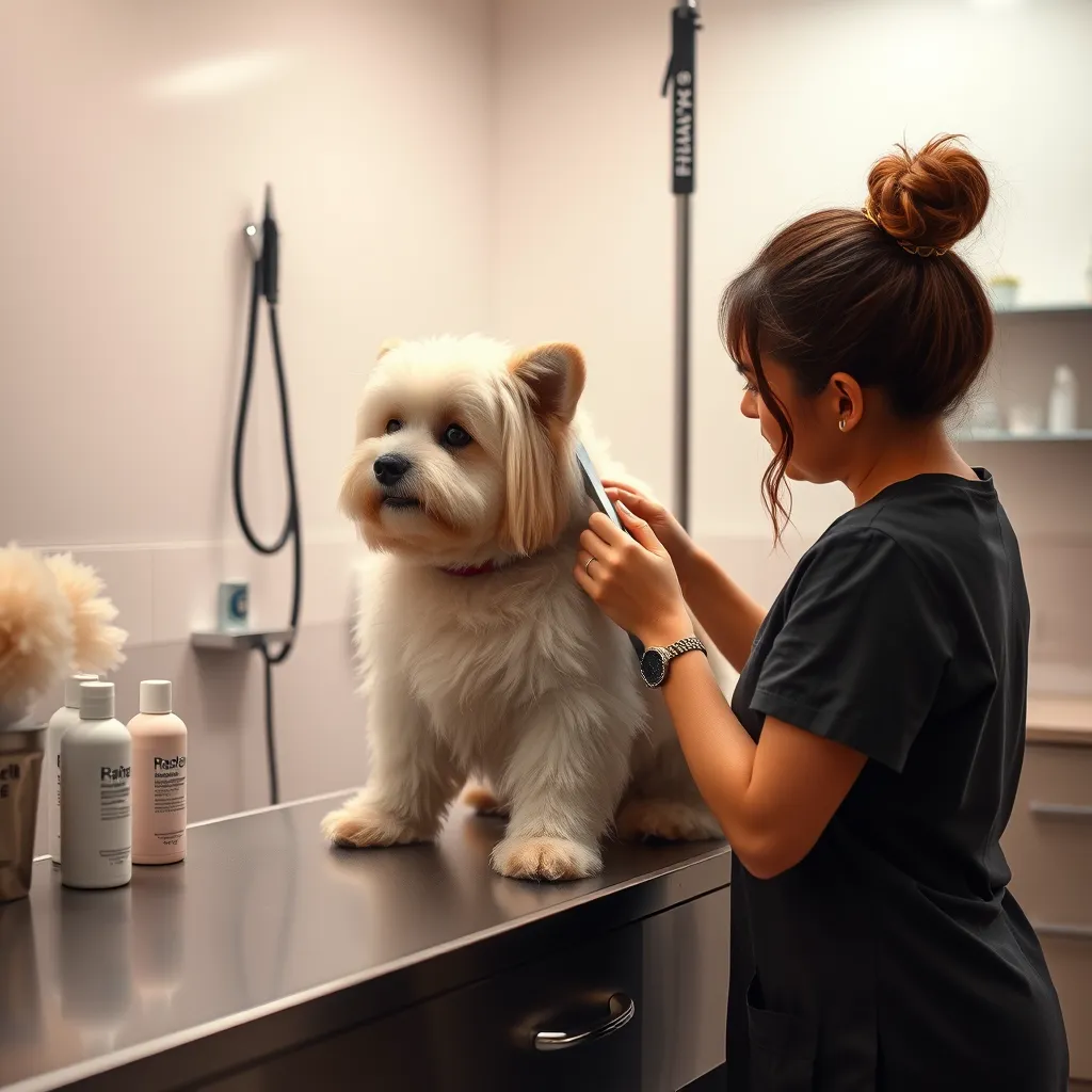 A serene dog grooming station with a groomer gently combing a fluffy dog. The atmosphere is calm, with soft lighting and soothing colors, featuring a few relaxing dog grooming products on the counter, illustrating personalized care.