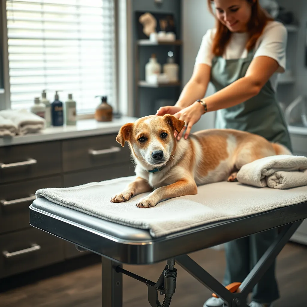 A serene scene of a dog on a grooming table receiving a calming massage. The groomer, a friendly individual, is gently working on the dog while soft towels and high-quality grooming products are in view, creating an atmosphere of relaxation and care.