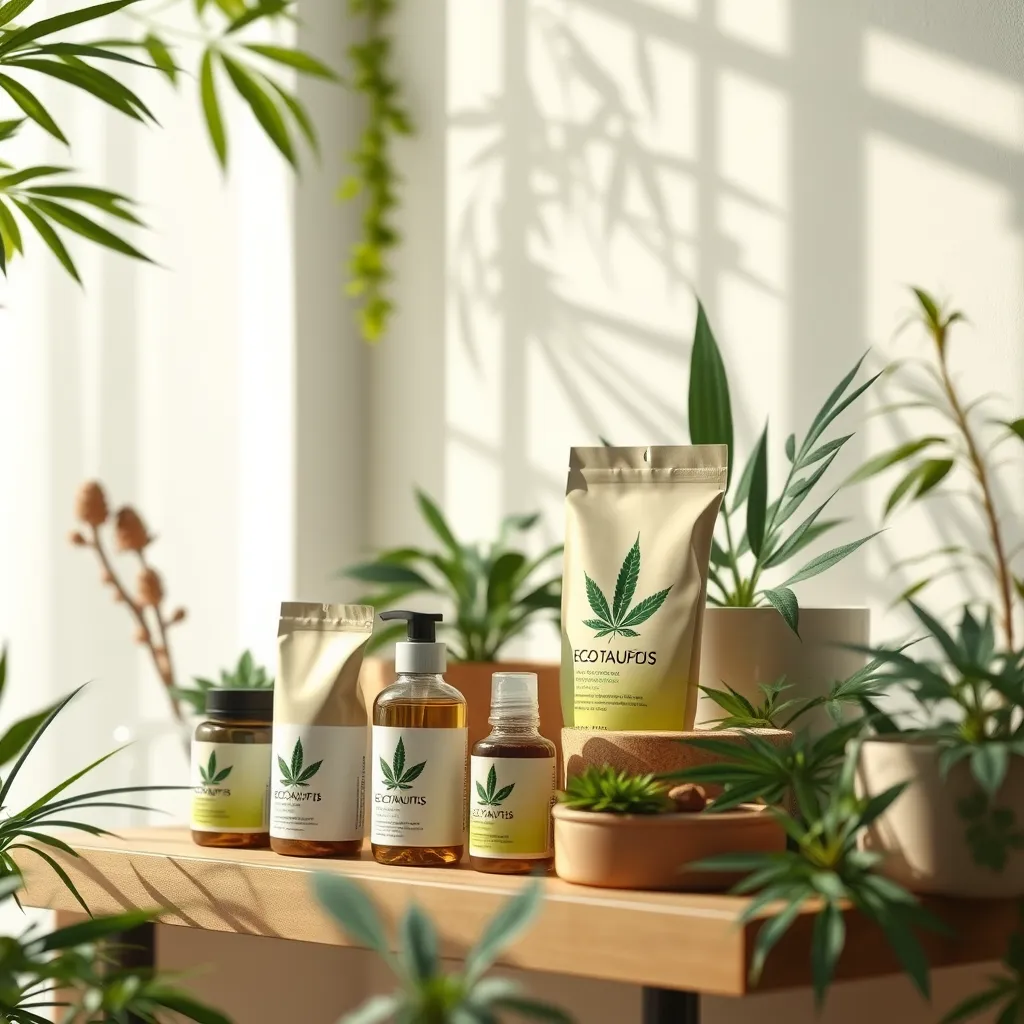 A serene scene showcasing eco-friendly cannabis products, displayed amidst plants and nature-inspired decor. The image emphasizes sustainable packaging and environmentally conscious materials, promoting a green lifestyle in a tranquil setting.