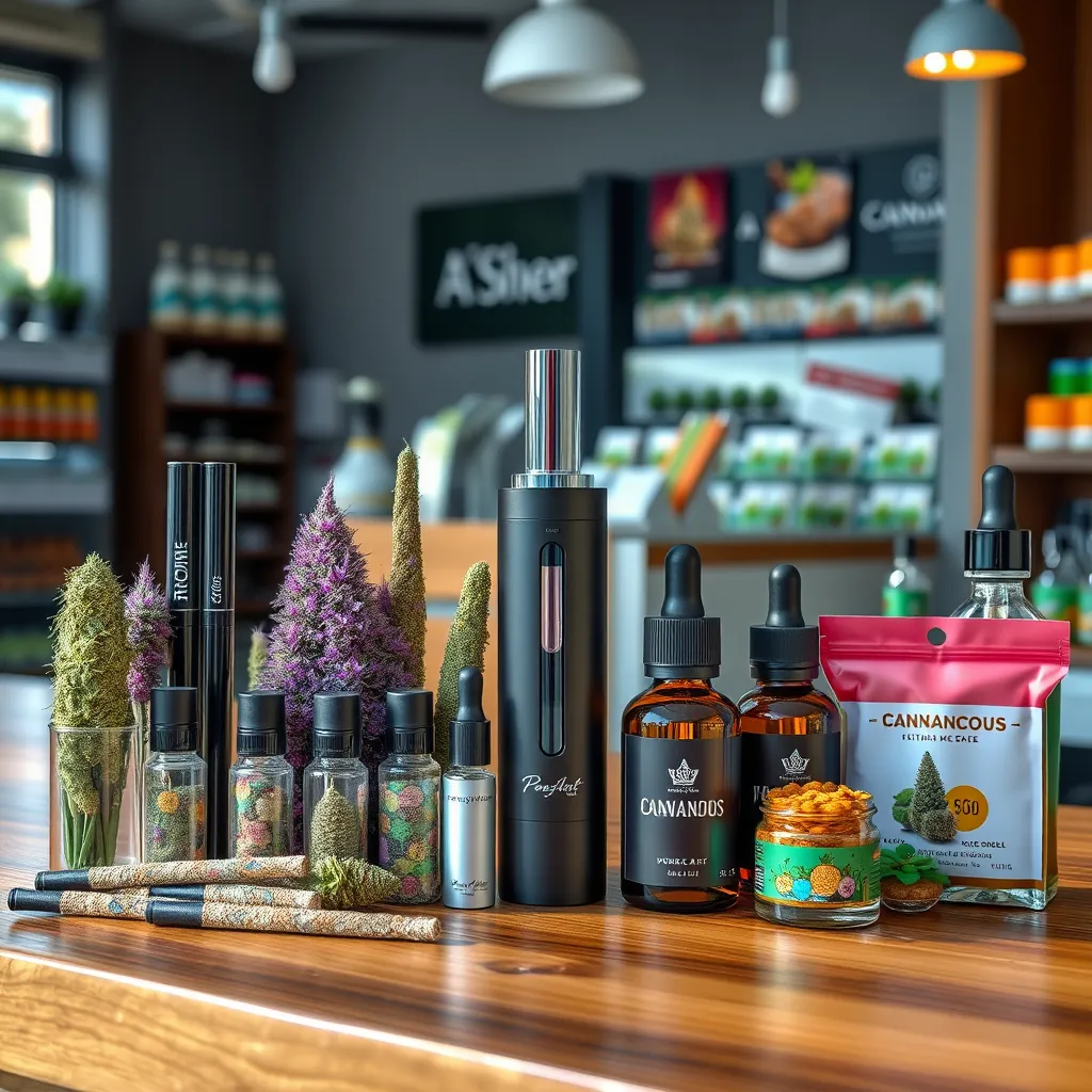 A showcase of various cannabis products including colorful pre-rolls, sleek vaporizers, elegant tincture bottles, and vibrant edibles. Display them on a wooden counter with natural lighting, set against a relaxed and modern store environment in Edmonton.
