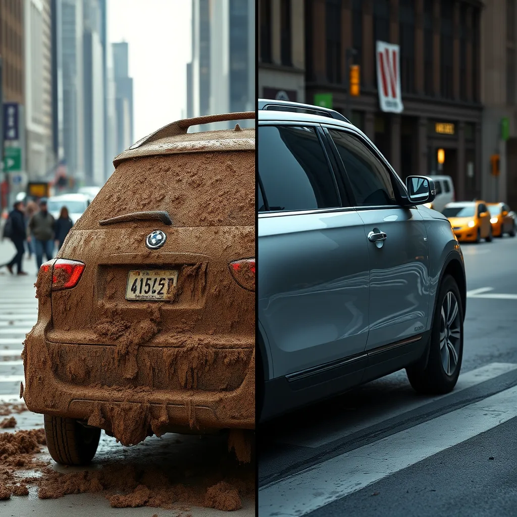A side-by-side comparison image. On the left, a dirty SUV covered in grime and mud. On the right, the same SUV, now spotless with a shiny, reflective surface. The background shows a busy urban street in Chicago.