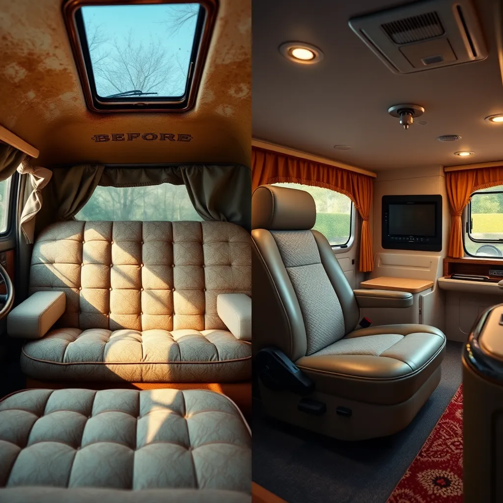 A side-by-side image of a classic car or RV interior showing the before view with frayed upholstery and stains. The other side reveals a luxurious reupholstered interior with rich fabric, polished surfaces, and inviting ambiance, showcasing the precision of Crestwave's detailing work.