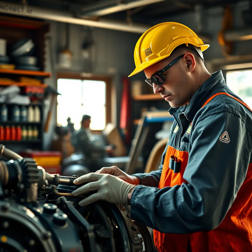 A skilled marine technician wearing safety gear, focused on repairing a marine engine inside a workshop. The background has organized tools and parts, with sunlight streaming through a window, highlighting the precision of the repair work.