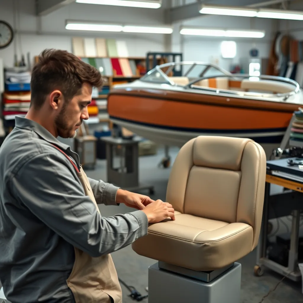A skilled technician carefully upholstering a boat seat, surrounded by premium materials like marine vinyl and fabric samples. The workshop is bright and organized, featuring tools and upholstery machines, with a partly finished boat in the background showcasing vibrant upholstery colors.