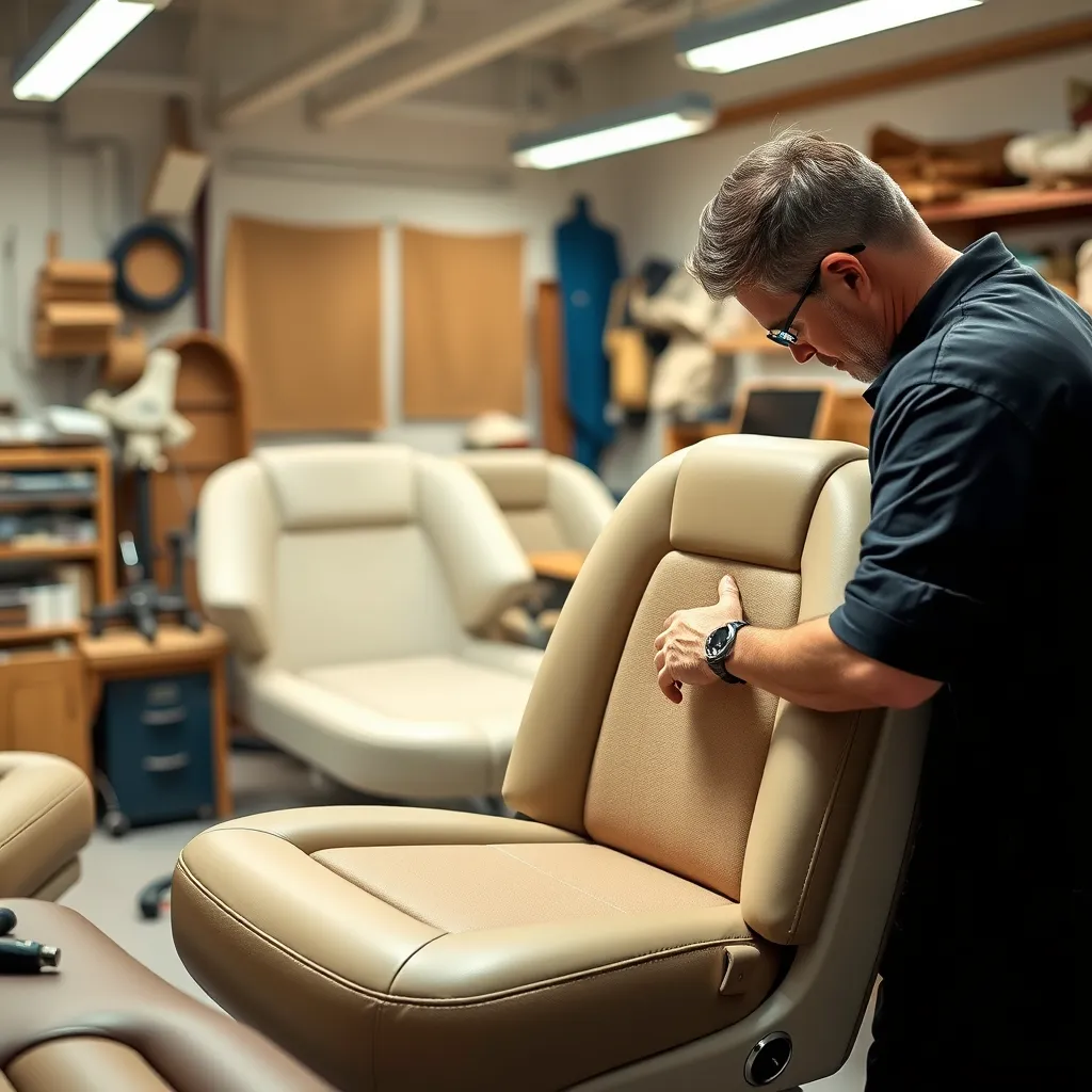 A skilled technician carefully upholstering a boat seat in a workshop filled with marine materials like leather and vinyl. The setting is well-lit, showcasing various upholstery tools and a partially completed luxurious boat interior in the background.