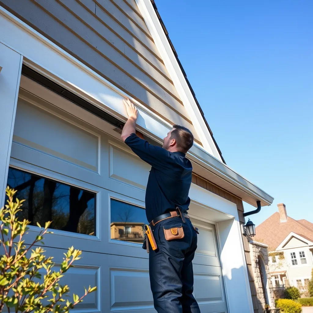 A skilled technician expertly installing a modern garage door on a suburban home in Chicago. The scene shows a worker in a uniform, tools in hand, with a partially open garage door. The surrounding neighborhood showcases quaint homes and greenery, under a clear blue sky.