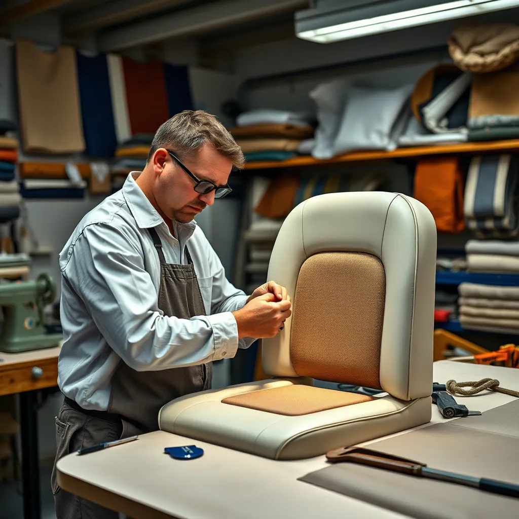 A skilled technician in a workshop, carefully sewing and repairing a boat seat, surrounded by various upholstery materials like marine vinyl and canvas. The setting should be well-lit with tools like sewing machines and fabric swatches visible, conveying a sense of precision and professionalism.