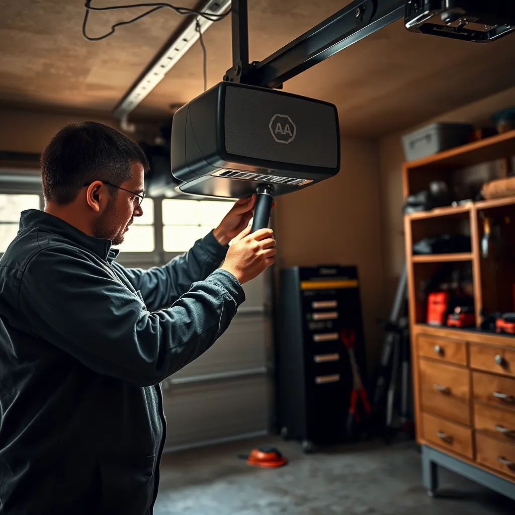 A skilled technician installing a state-of-the-art garage door opener system in a cozy garage setting. The image showcases the opener's sleek design with a black and silver color palette. Soft diffused lighting illuminates the scene, reflecting off the various components, emphasizing their robust construction. The perspective is a medium shot that captures both the technician and the newly installed opener in action. Textures of the opener's casing and the garage environment, such as the concrete floor and wooden shelving in the background, are highlighted. Additional tools can be viewed on a nearby workbench, portraying a sense of professionalism and readiness. The mood exudes trust and innovation, inviting the audience to consider modern upgrades for their garage. The focus should be on clarity and realism.