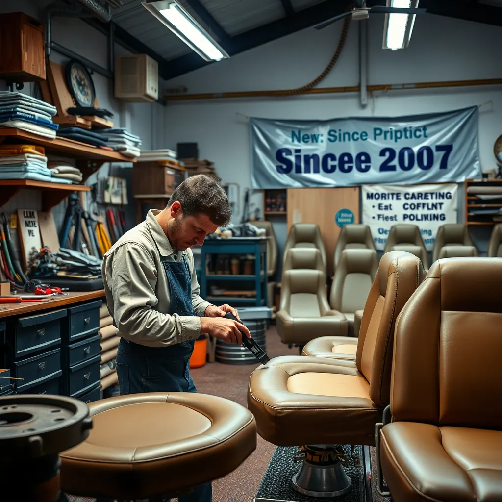 A skilled technician meticulously repairing boat upholstery inside a well-lit workshop, surrounded by various tools and marine materials, showcasing a variety of finished comfortable boat seats, with a banner indicating 'Since 2007' in the background.