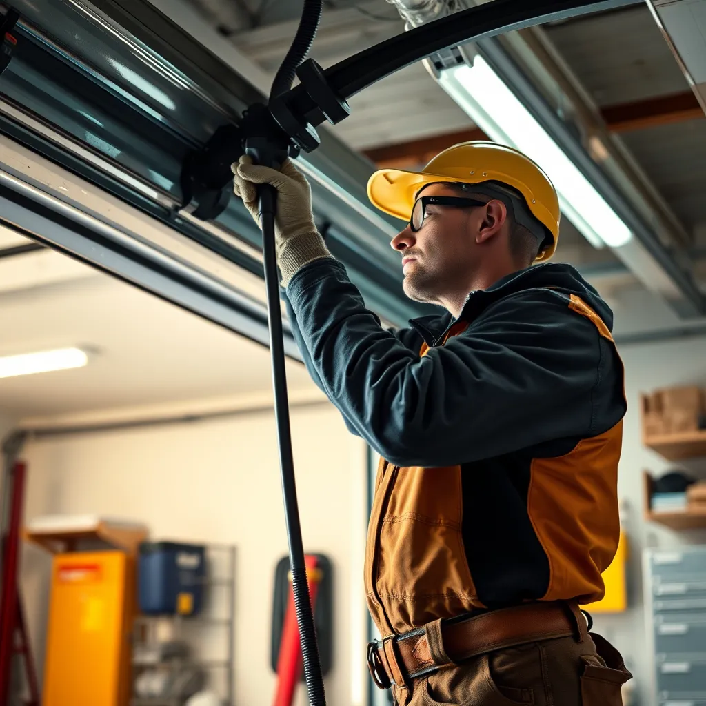 A skilled technician repairing a garage door with focused expertise. Tools like wrenches and springs are visible, and the garage interior is bright and organized. The technician wears safety gear, emphasizing professionalism and care.