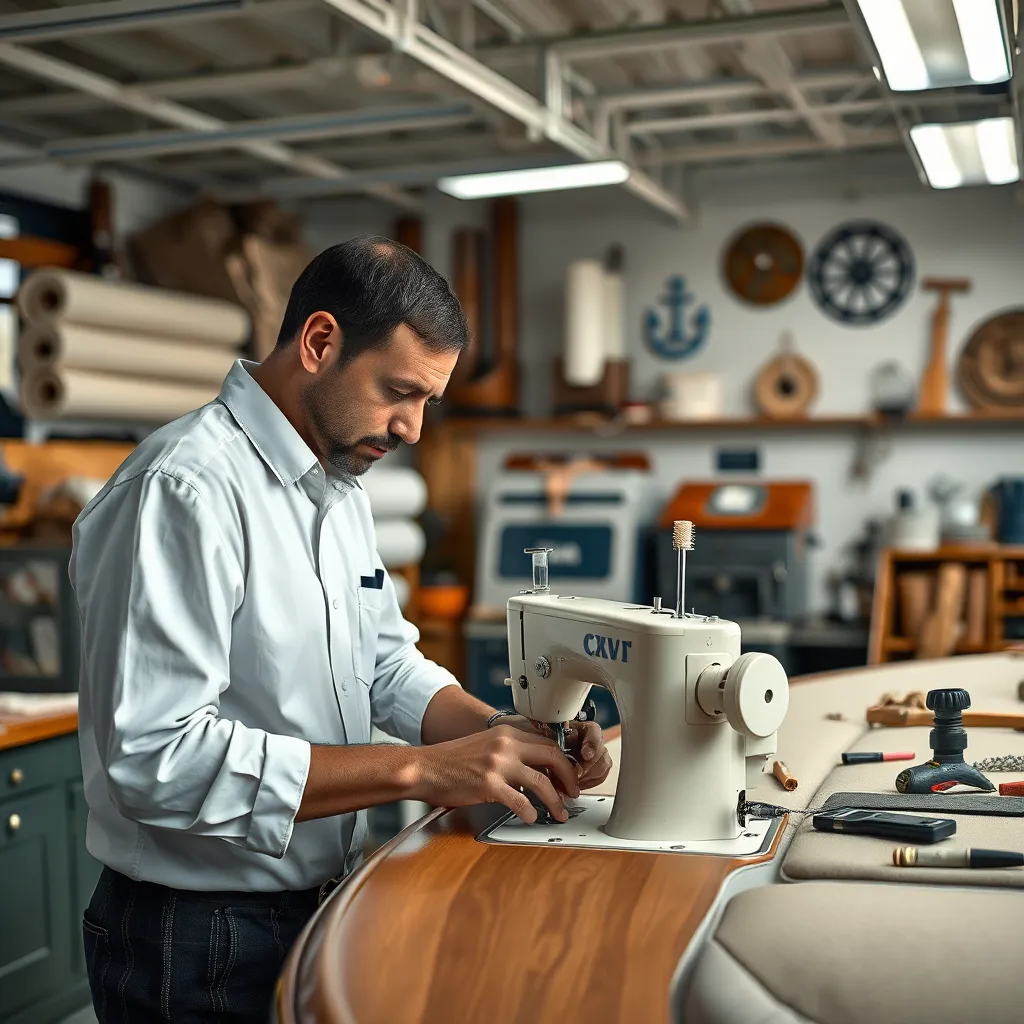 A skilled technician working on a luxury boat's upholstery in a well-lit workshop. The technician is focused and using a sewing machine, surrounded by bolts of fabric and various tools for boat repair. The background includes a neat workspace with nautical decor.