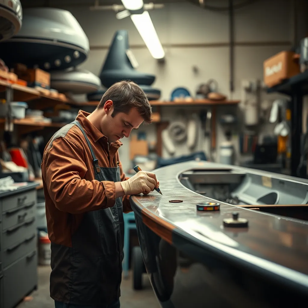 A skilled technician working on a boat in a well-lit workshop, using professional tools. The scene shows various boat parts and equipment organized neatly. The technician is focused on repairing a boat hull, with a backdrop of tools and materials.