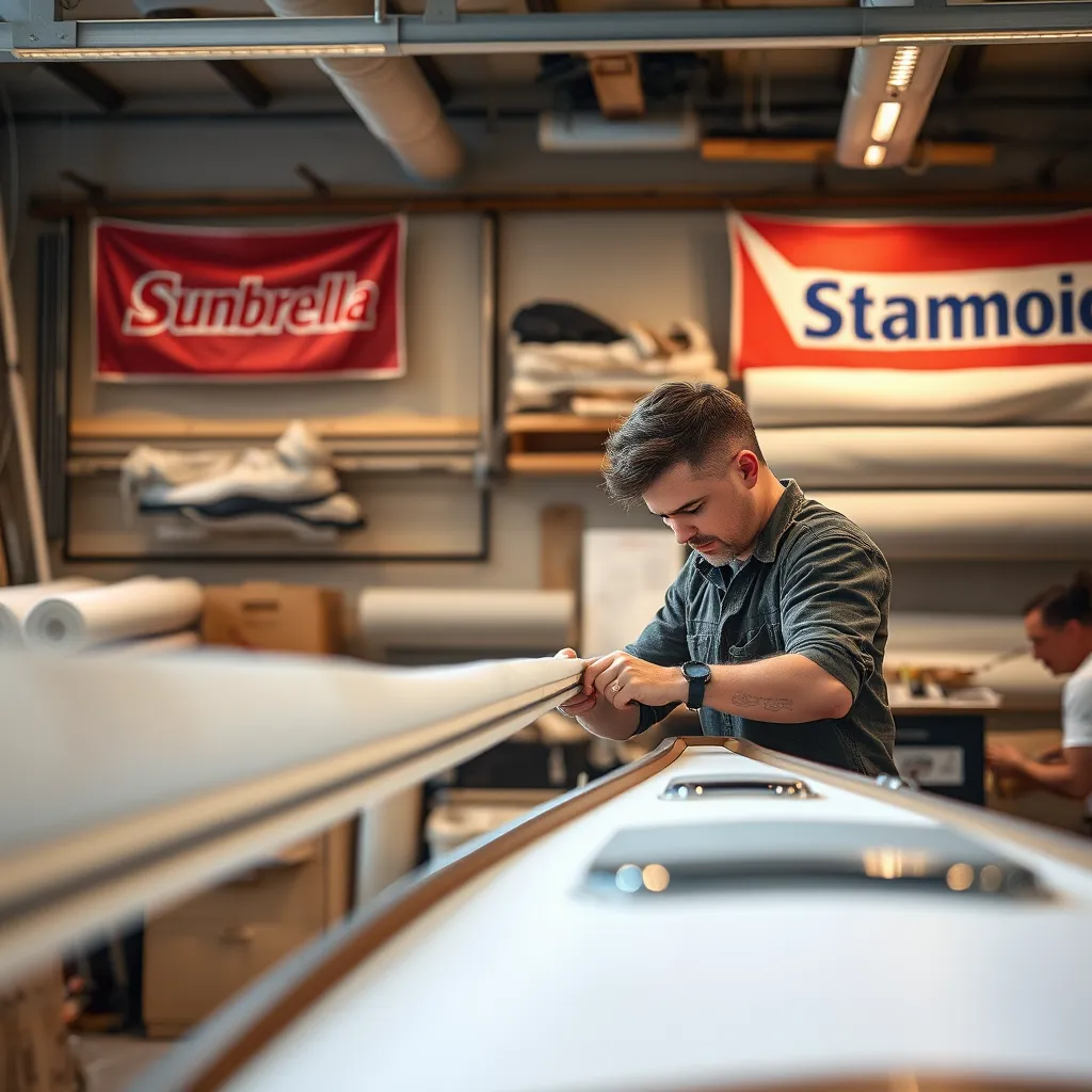 A skilled technician working on a boat canvas repair, with Sunbrella and Stamoid fabric rolls in the background. The setting is a well-lit workshop, showcasing tools and equipment for upholstery repair, with a boat visible in the foreground.
