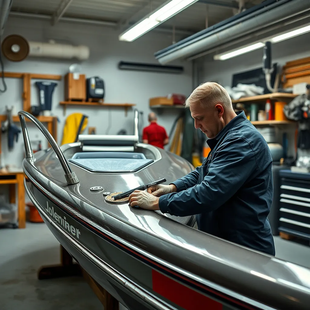 A skilled technician working on a boat in a well-equipped repair shop, showcasing repairs on upholstery, glass, and canvas. The background should include tools and equipment, emphasizing a professional and clean marine environment.