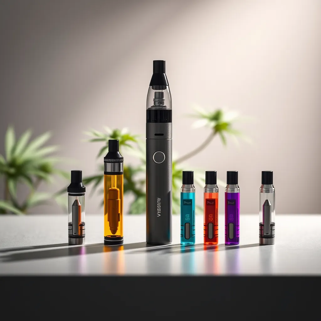 A sleek and modern vaporizer alongside colorful vape cartridges, placed on a minimalist tabletop. The backdrop features soft-focus cannabis plants, and the scene is illuminated to showcase the contemporary design and vibrant colors of the products.