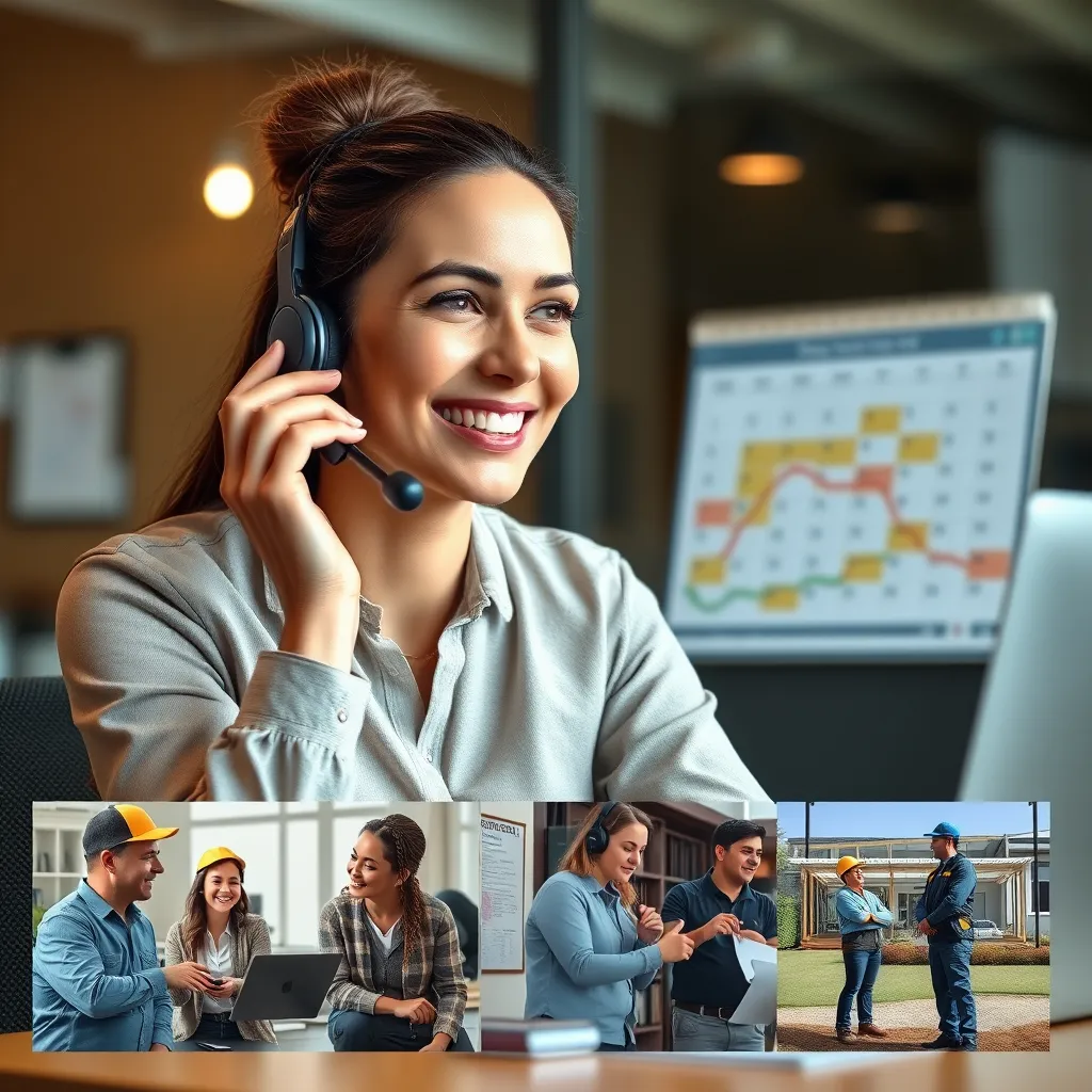 A smiling customer service representative speaking on the phone in an office setting, with a calendar showing flexible scheduling options in the background, along with images of happy customers interacting with technicians in the field.