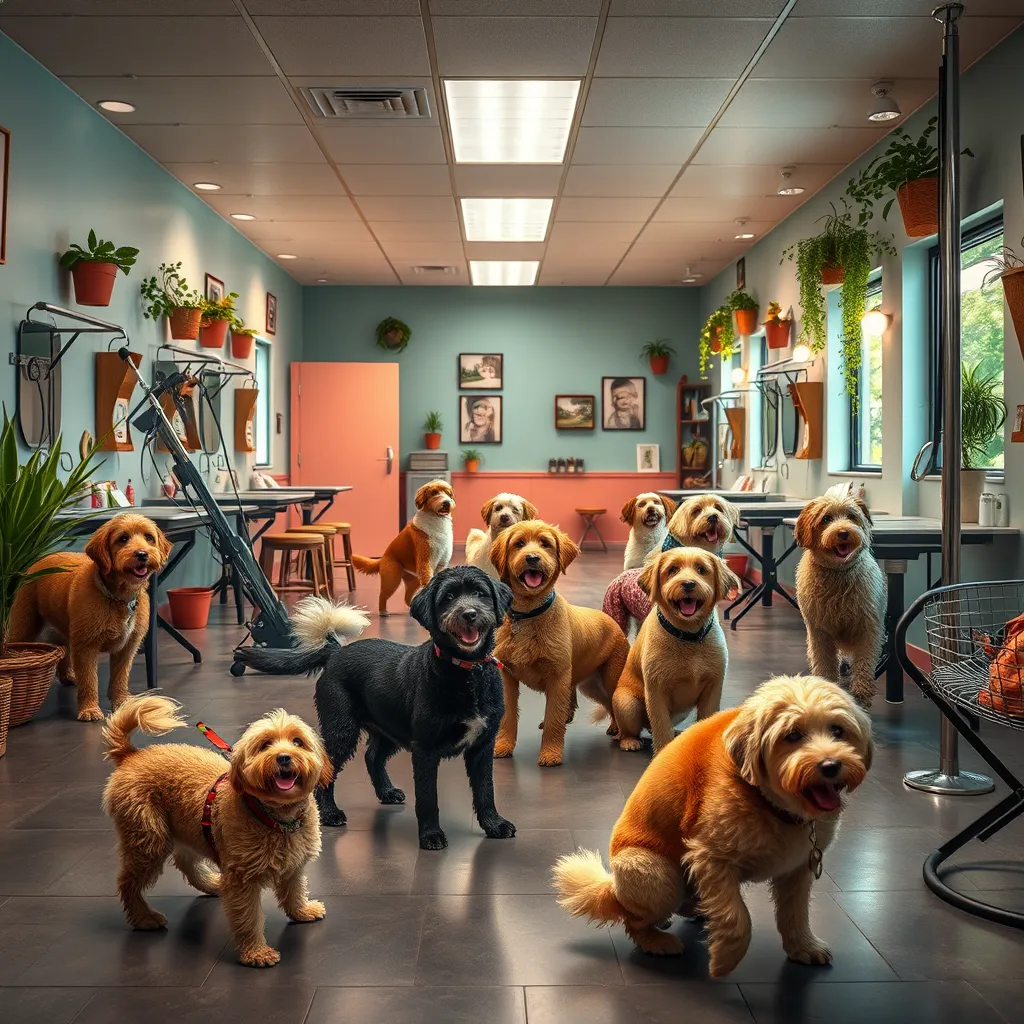 A spacious, cage-free dog grooming facility. Several dogs are happily playing together while others are being groomed in a relaxed atmosphere. The décor is vibrant and soothing, with plants and comfortable seating for dog owners.
