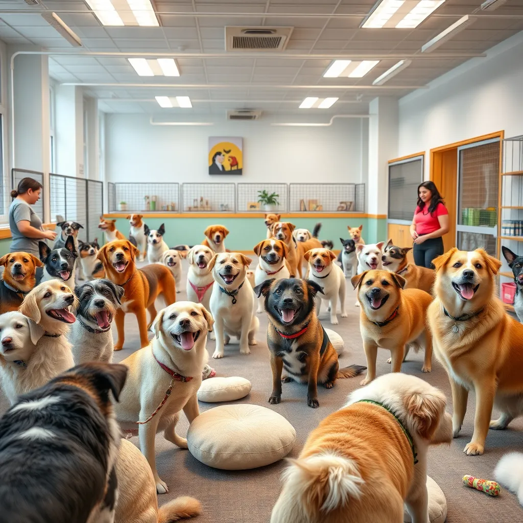 A spacious dog daycare area filled with playful dogs of various breeds interacting joyfully. Soft toys are scattered around, and friendly staff members are engaging with the dogs, set in a bright and cheerful space that conveys fun and safety.