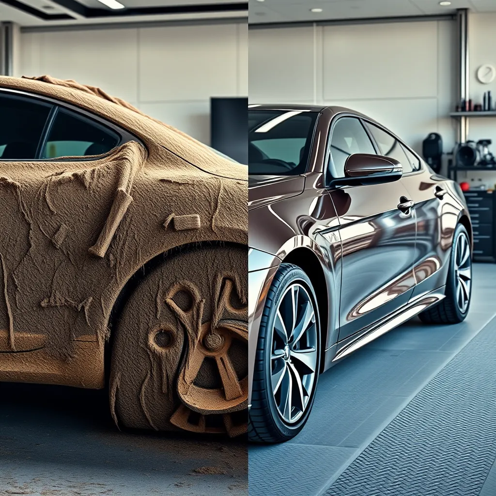 A split-frame image showing a car on the left side dirty, covered in grime and dust, and on the right side, the same car sparkling clean with a shiny exterior, detailed tires, and polished windows. The background includes a modern garage setting with professional detailing tools in Chicago.