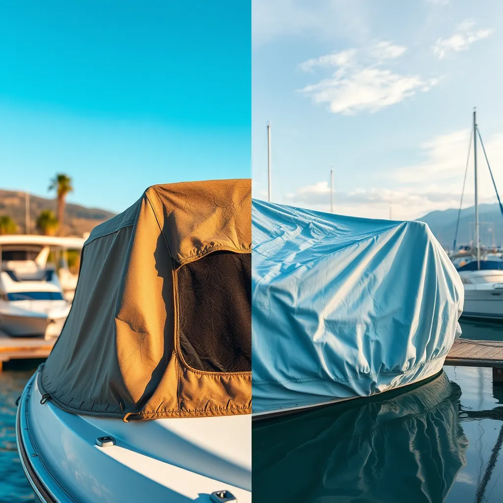 A split image featuring one half showing a worn and tattered boat canvas cover in a vibrant outdoor setting. The other half displays a newly repaired and vibrant canvas cover, tailored to fit perfectly and withstand weather elements, set against a scenic marina backdrop.