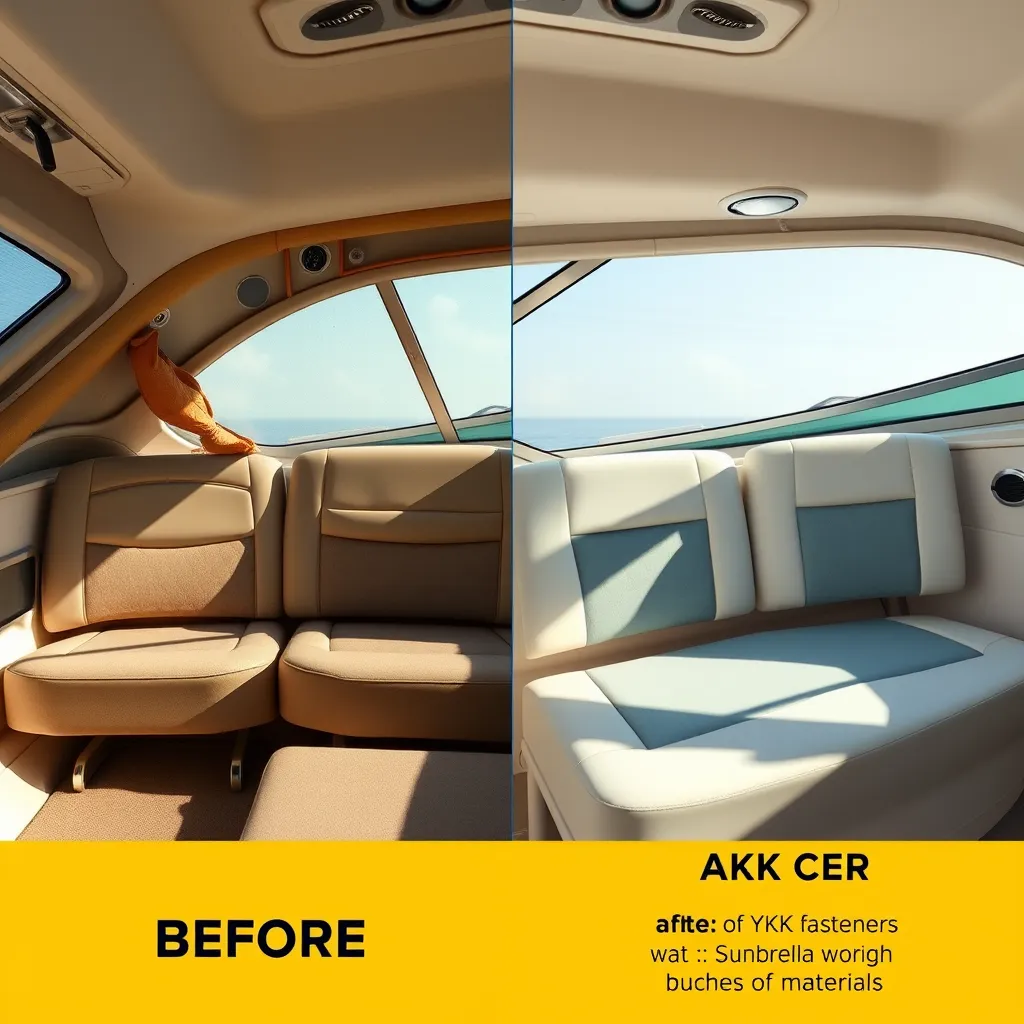 A split image showcasing the before and after of a boat's interior upholstery. The left side shows faded, torn seats in dull colors, while the right side portrays newly upholstered seats in bright, durable fabric, with featured YKK fasteners and Sunbrella materials under natural light, highlighting the transformation.