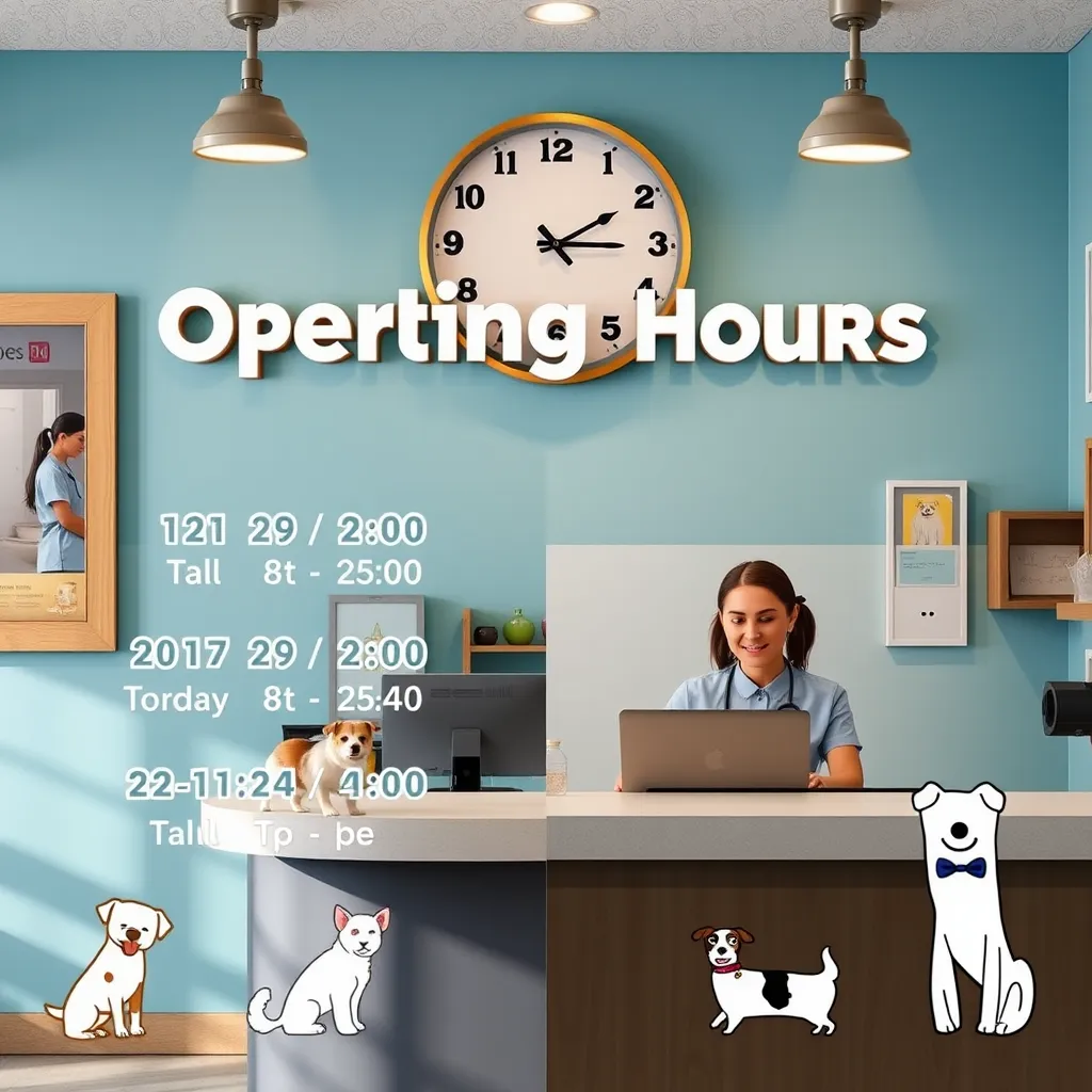 A split image showcasing the operating hours of a dog grooming facility, displaying a friendly staff member welcoming customers at the front desk with a clock showing different times for each day of the week, accented with playful dog graphics.