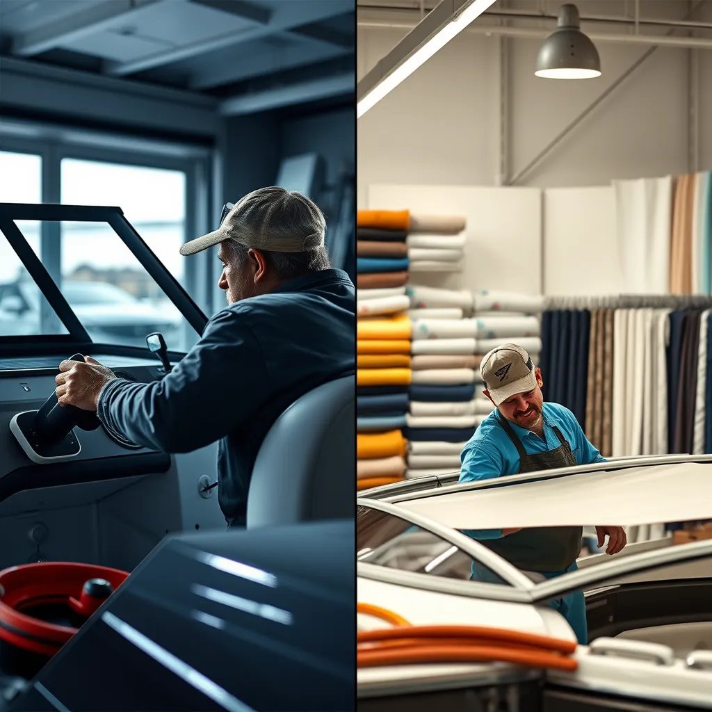 A split image showcasing various boat repair services: one side with a technician replacing boat glass and the other side showing a craftsman working on a Bimini top, with a variety of marine fabrics displayed in the background.