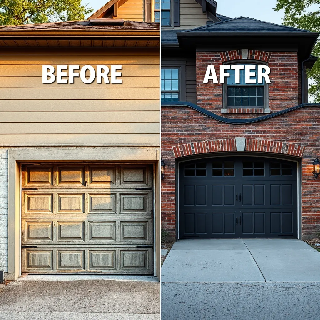 A split-image showing a 'before' scene of an old, worn-out garage door next to an 'after' scene with a newly installed, stylish garage door. The background features a well-kept Chicago home, emphasizing the striking contrast and enhanced beauty.