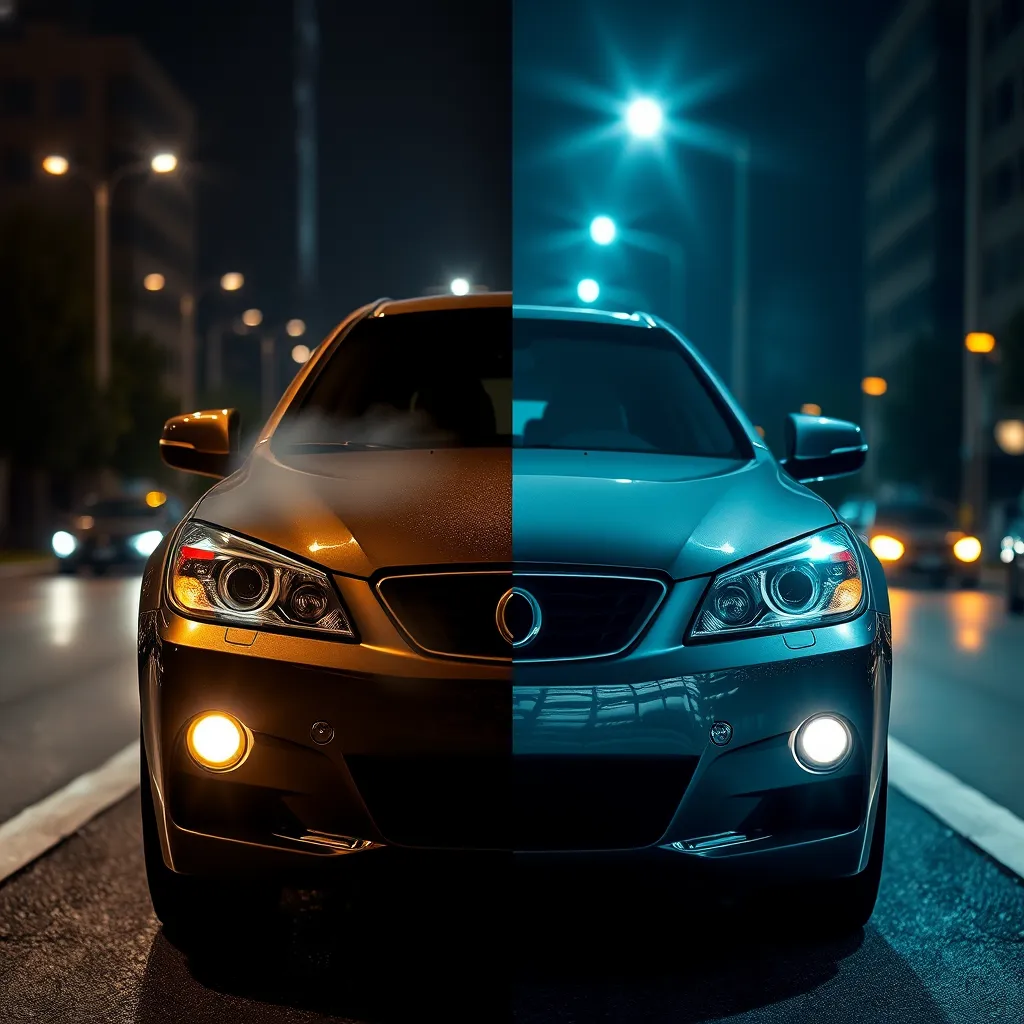 A split image showing a car with cloudy, faded headlights on one side and the same car with crystal clear headlights on the other side, highlighting the dramatic improvement after restoration. The image should be set in a nighttime city environment with streetlights and traffic.