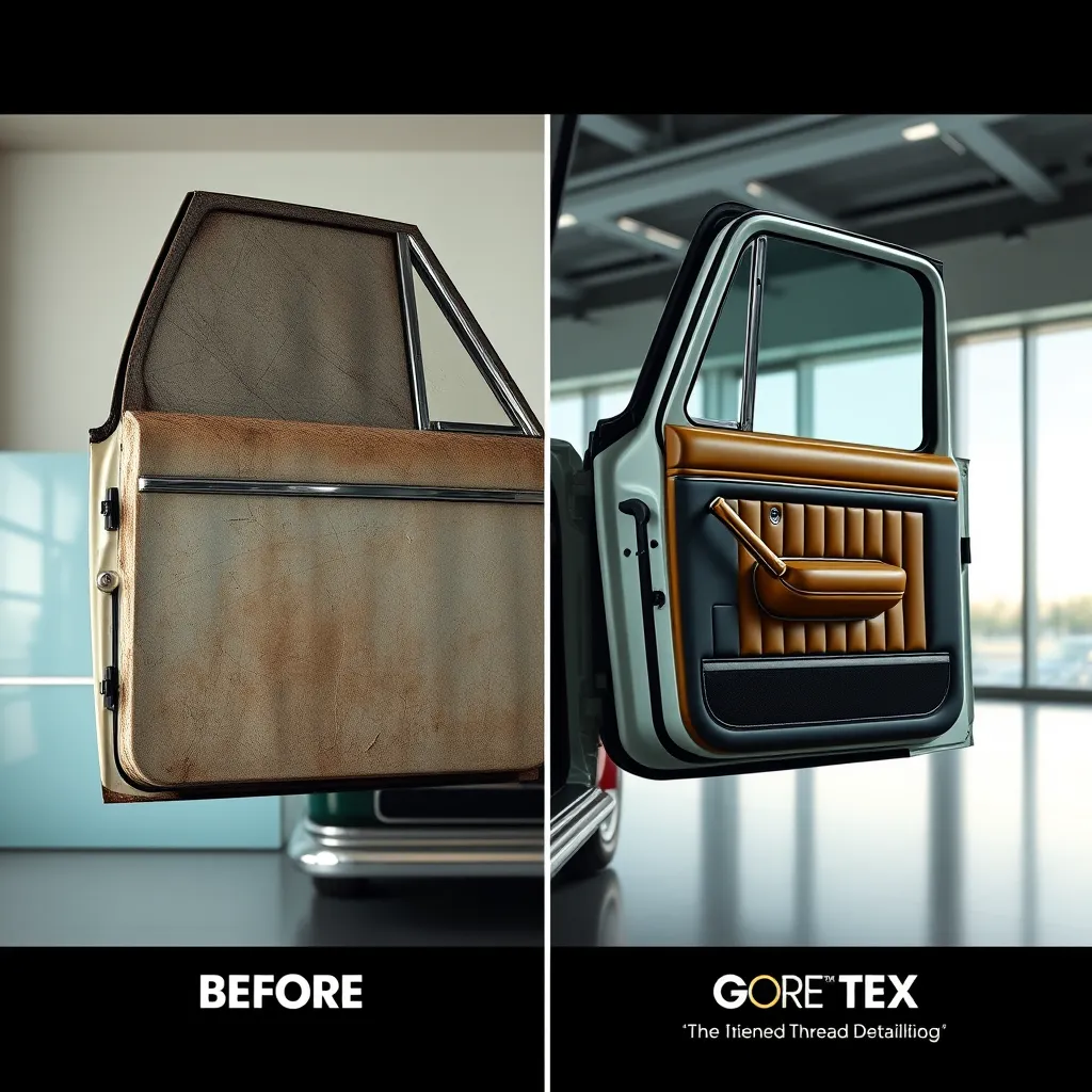A striking before-and-after image of a classic car door panel. The left side features a scratched and scuffed panel with old materials, while the right side highlights a pristine door panel with rich marine vinyl upholstery and GORE-TEX thread detailing, captured in an elegant showroom setting.