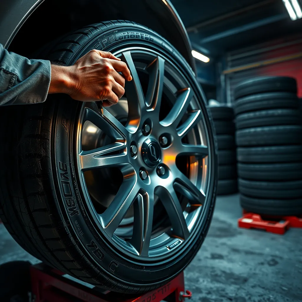A striking image showcasing a master wheel repair technician meticulously restoring a severely damaged car wheel. The image should capture the technician's hands working deftly with specialized tools, revealing the intricate process of wheel repair. Use dramatic lighting to emphasize the texture of the wheel and the reflection of light on the polished surface.  The background should be a dimly lit garage with a sense of depth and mystery, with other repaired wheels stacked neatly nearby. The image should evoke a sense of artistry and technical skill, showcasing the transformation of a damaged wheel into a pristine piece of automotive perfection. Render this in 8K resolution with a hyperrealistic, ultra-detailed style.