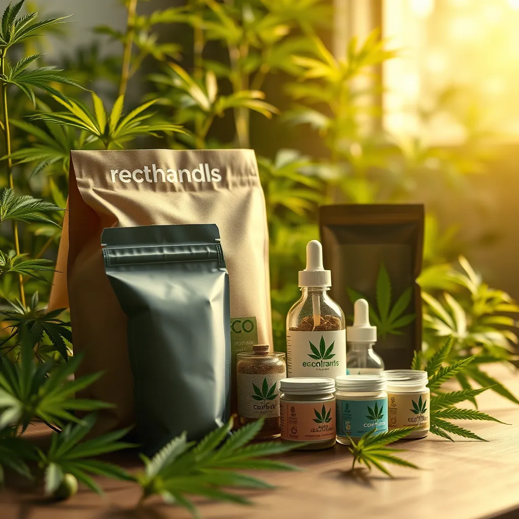 A striking image showcasing eco-friendly cannabis packaging and products, with green plants in the background, emphasizing sustainability. Include elements like recyclable bags and natural lighting to create a warm, inviting atmosphere.