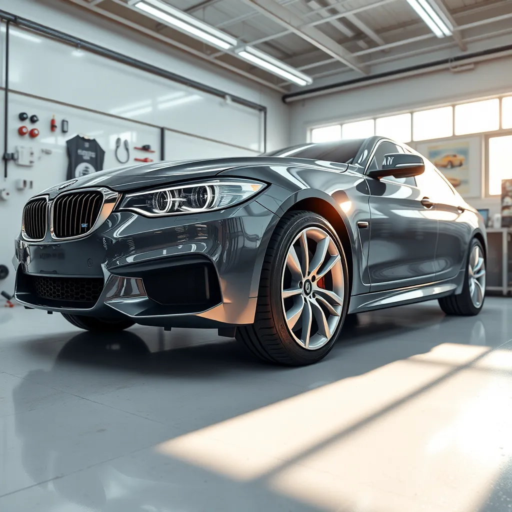 A stunning, photorealistic representation of a gleaming car after exterior detailing. Capture the shiny paint, clean wheels, and sparkly headlights. The setting is a clean workshop with detailing supplies and sunlight reflecting off the vehicle.