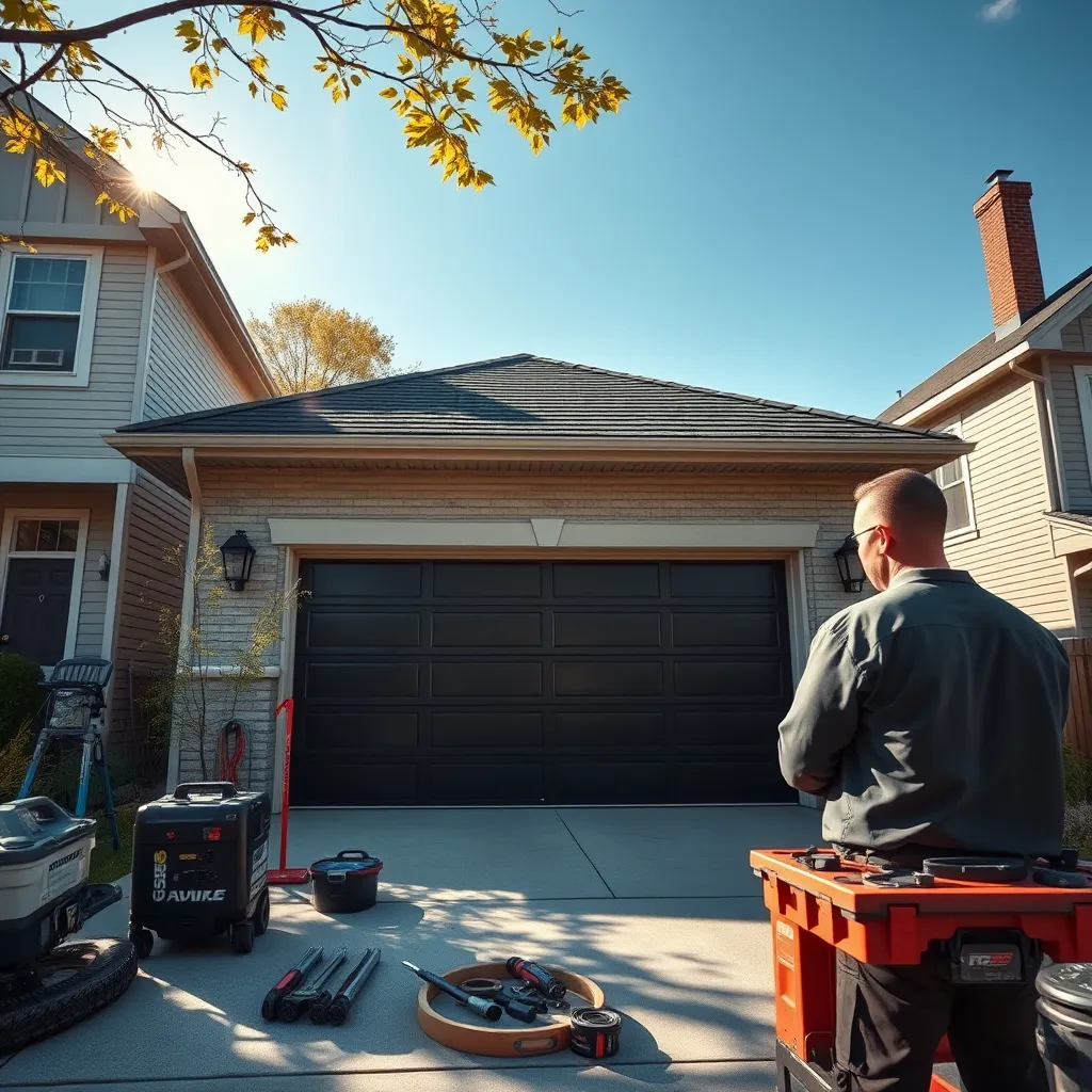 A sunny Chicago neighborhood featuring a beautiful newly installed garage door, showcasing a modern design with sleek lines. The focus is on a professional technician reviewing the door's installation while tools and equipment are neatly arranged around. The scene should evoke a sense of trust and professionalism.