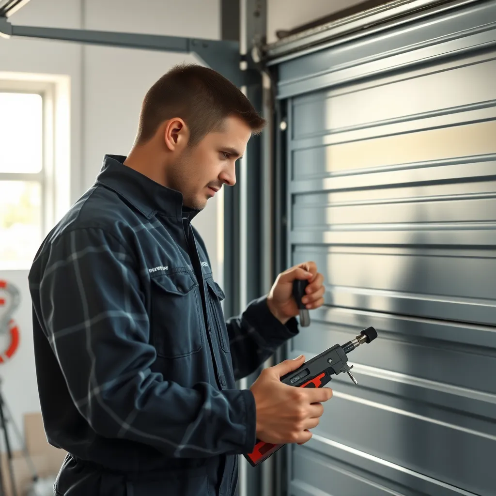 A technician conducting a detailed maintenance check on a garage door. Tools are in hand, and various parts like rollers and tracks are clearly visible. The setting is a clean, organized garage with soft natural light filtering through the door, conveying a sense of care and professionalism.