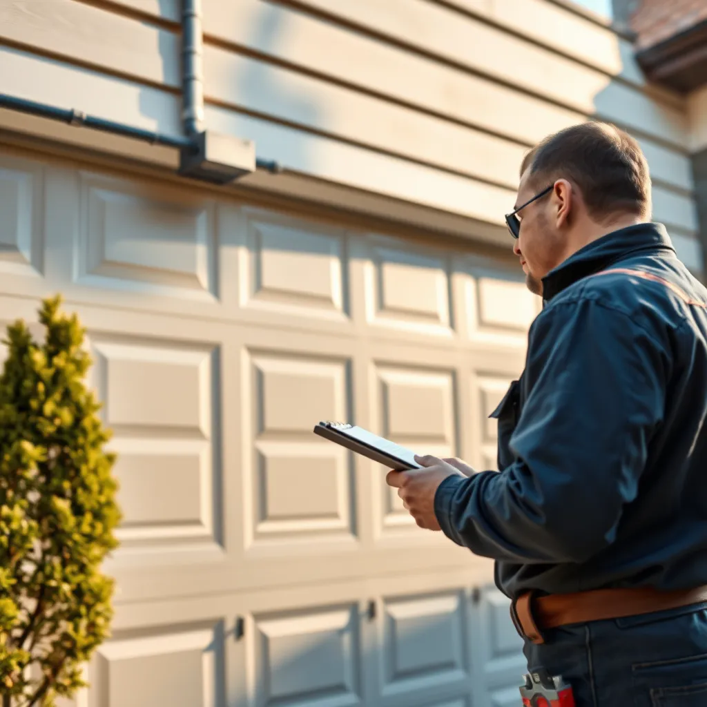 A technician inspecting a garage door system outdoors, with a notepad and tools in hand. The garage door should look well-maintained, and the surroundings should depict a residential area in Chicago. The setting should emphasize proactive upkeep and the importance of maintenance.