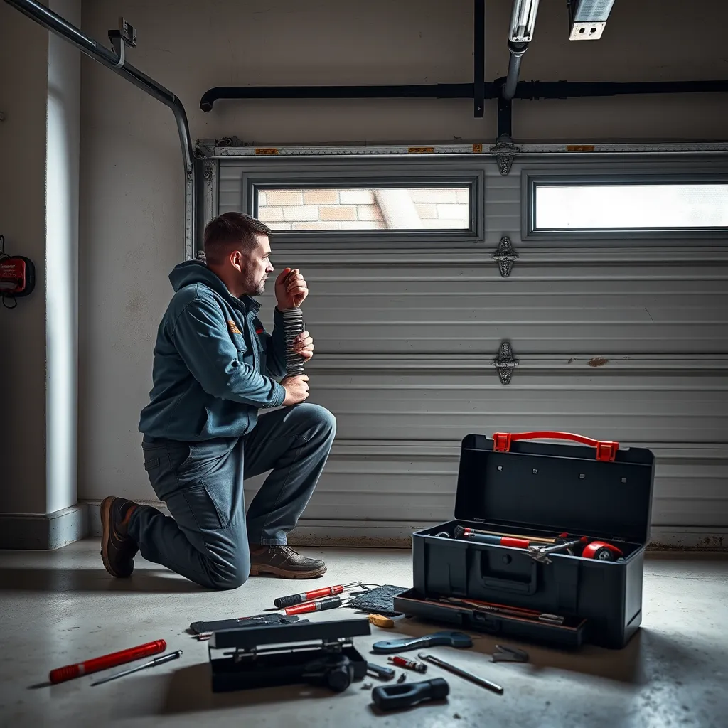 A technician kneeling beside a garage door, inspecting and repairing a broken spring with a toolbox open nearby. The garage door shows signs of wear, with tools and repair parts laid out for quick access, in a well-lit space.