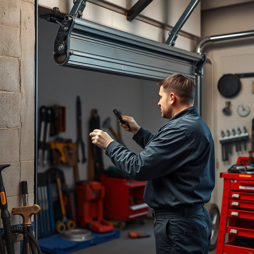 A technician performing maintenance on a garage door, focusing on weather stripping and roller repairs. Surrounding tools and equipment are organized in the garage space. The scene reflects a sense of care and diligence in maintaining high standards.