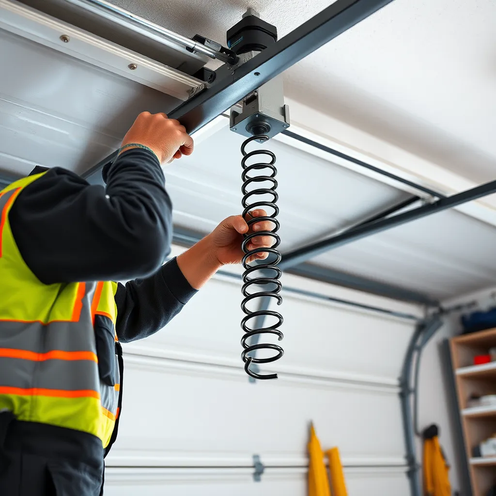 A technician repairing a garage door spring, showcasing safety measures and tools. The garage door is partially open, revealing the inner mechanisms. The environment is a clean, organized garage with spring parts visible, emphasizing reliability and professionalism.