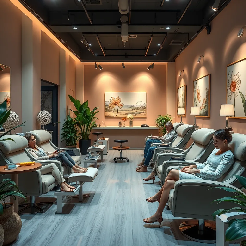 A tranquil nail salon environment where clients are receiving manicures in plush chairs. The setting includes soft lighting, aromatic plants, and soothing art on the walls, portraying a perfect blend of relaxation and luxury.