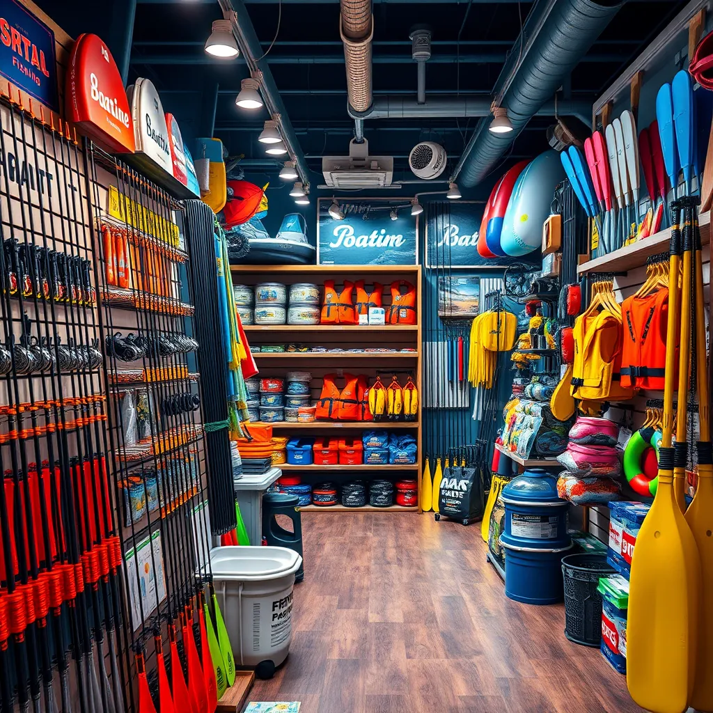 A vibrant, photorealistic display of a marina store featuring a diverse array of boating and fishing products. Show organized shelves filled with fishing rods, reels, bait, life jackets, and various marine components. Include a welcoming environment with bright lights and accessories like oars and inflatable toys.