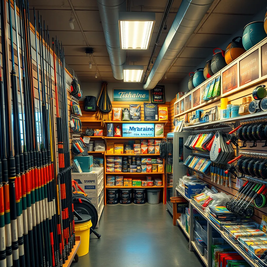 A vibrant, photorealistic image of a well-organized marina store filled with various boating supplies including fishing rods, reels, bait, and boating licenses. The store should have bright lighting, showcasing shelves with a variety of colorful products, and a warm, inviting atmosphere.