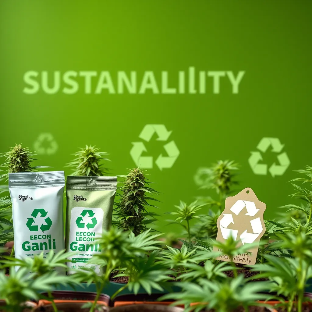 A vibrant, photorealistic image representing sustainability, featuring a green backdrop with cannabis plants. Include elements of eco-friendly packaging, recycling symbols, and a community garden to emphasize the commitment to the environment.