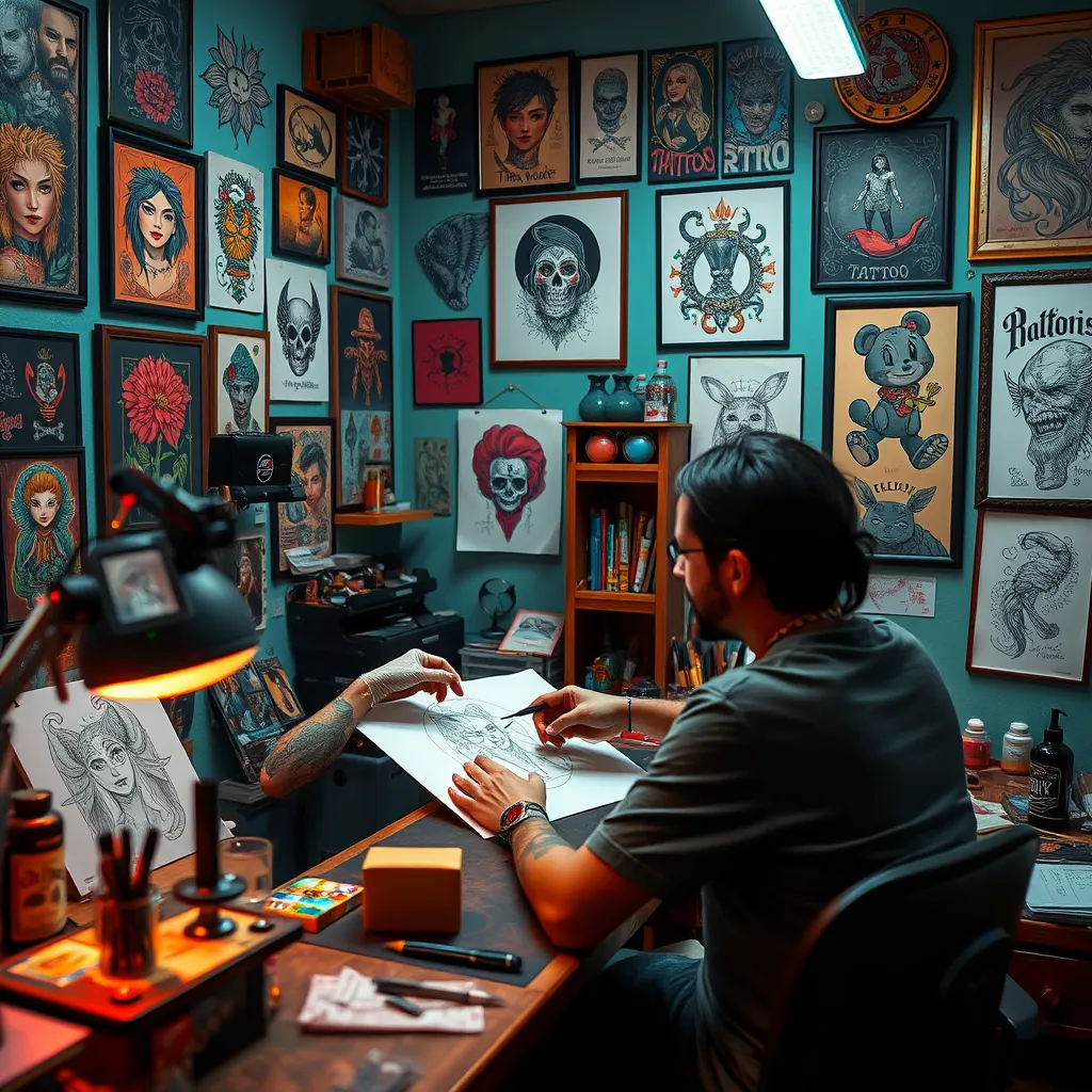 A vibrant and artistic composition showcasing a tattoo artist and a client brainstorming a custom tattoo design. The studio is filled with sketches, tattoo art prints, and inspirational elements, creating a creative and welcoming atmosphere. The artist and client are engaged in a conversation, pointing at a sketch and discussing details. The image should be rendered in a photorealistic style with a bright and colorful palette, emphasizing the collaborative nature of the design process. The camera angle should be from a slightly elevated perspective, capturing both the artist and client in a natural and authentic way. 8K resolution, hyperrealistic, ultra-detailed.